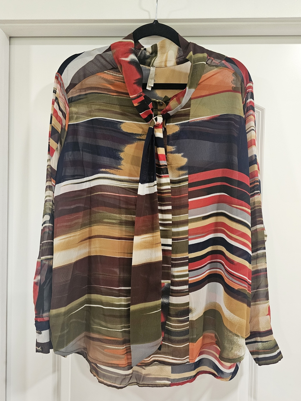 Mono B Women’s Multicolor Striped Sheer Chiffon Button-Up Collared Blouse L/XL
